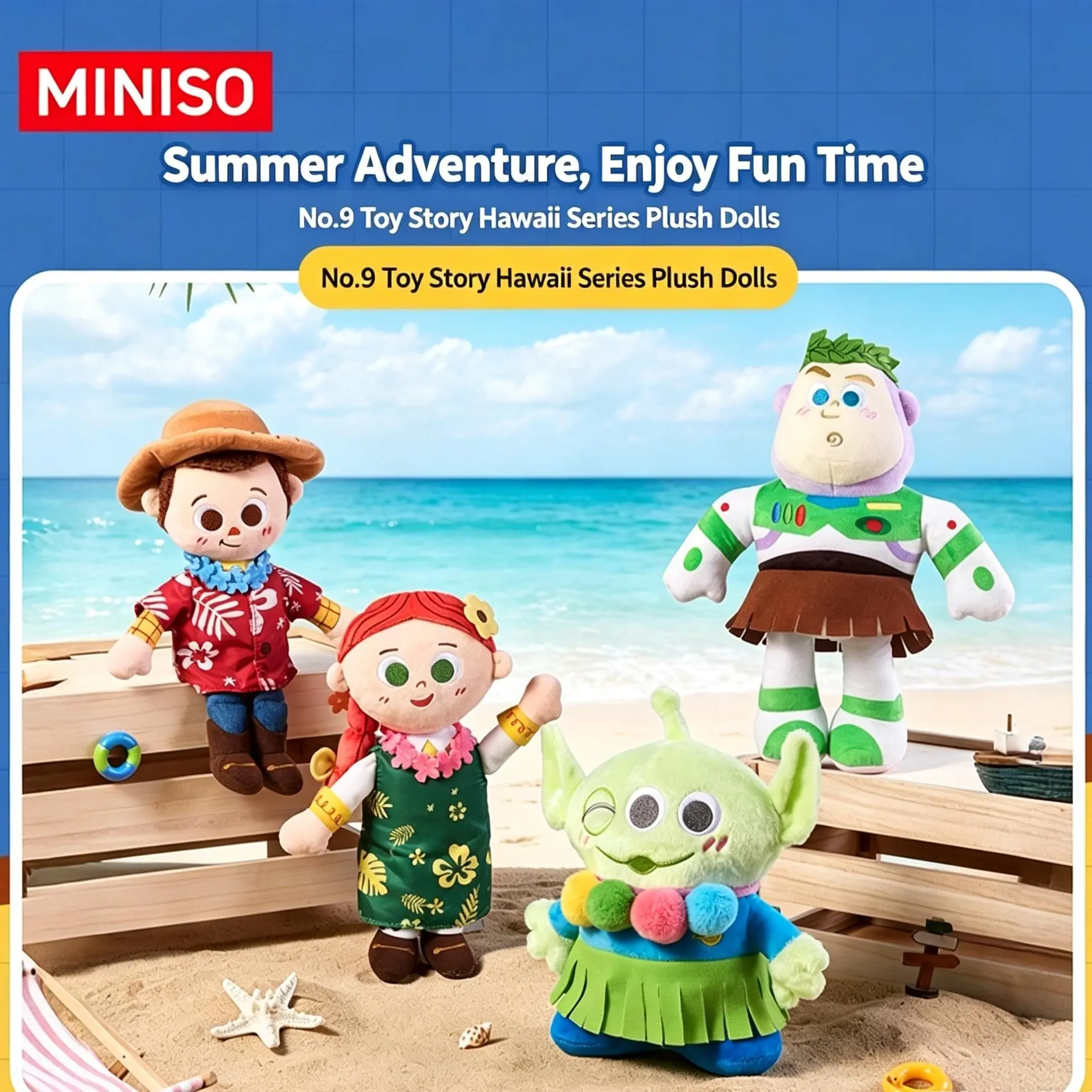 MINISO Toy Story Hawaii Series Plush Figures, Cute Woody/Buzz Lightyear/Jessie/Alien Summer Themed Plush Toys, Collectible Dolls for Kids & Fans, Ideal Birthday & Holiday Gifts, Back To School