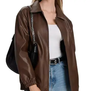 ESCALIER Women's Chic Oversized Solid Viscose-Lined Faux Leather Motorcycle Biker Jacket - Button Front, Longsleeves, Loose Fit Outerwear, Streetwear Tops, S-XL, Black Wine Red Coffee Brown tiktokshopspringglowup