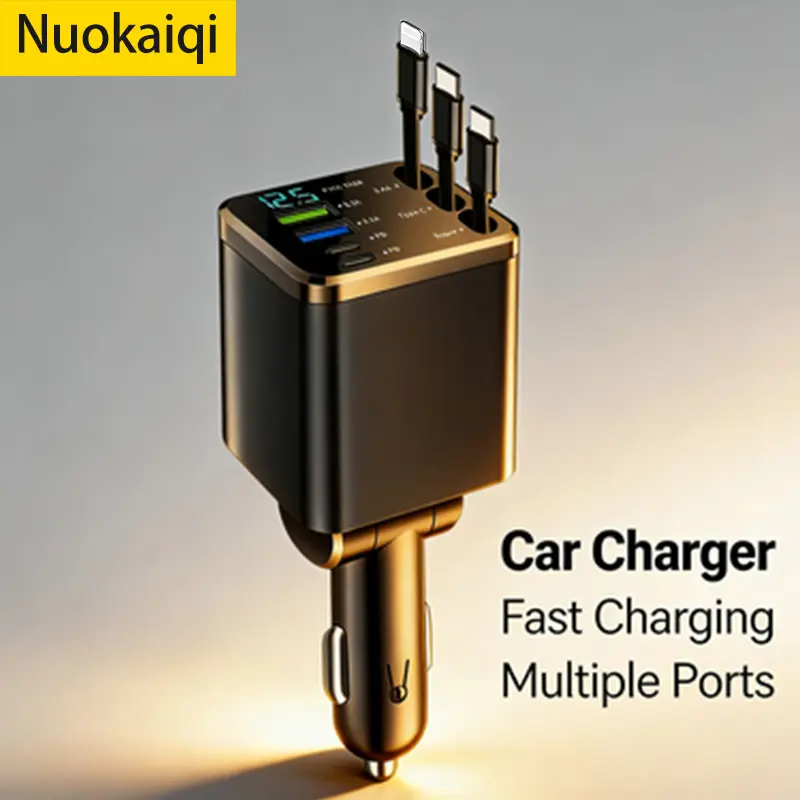 65W Fast Automotive Car Adapter - Upgraded USB C Car Charger with Voltage Display, LED Screen, Type-C+PD, 3 Rechargeable No-Tangle Cables, Road Trip Essentials, Fast Car Charger