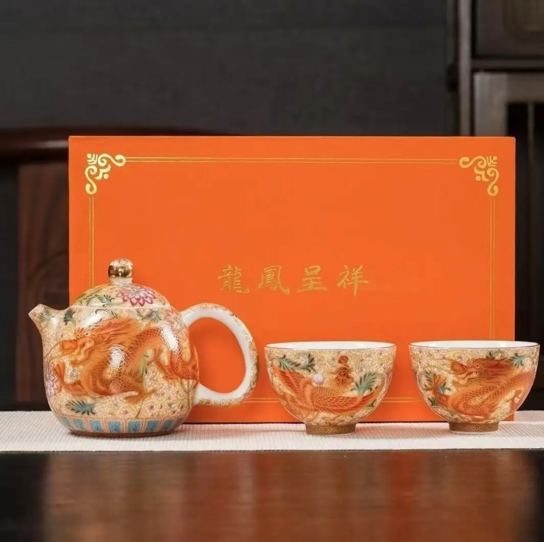 [Imperial Court Porcelain · Dragon & Phoenix Auspicious] Cloisonné Enamel Ceramic Tea Set, Gilded Dragon & Phoenix 1 Pot 2 Cups, High-Temp Underglaze Chinese Gongfu Tea Ware, Collectible Gift Box For Festival & Housewarming Gifting