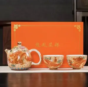 [Imperial Court Porcelain · Dragon & Phoenix Auspicious] Cloisonné Enamel Ceramic Tea Set, Gilded Dragon & Phoenix 1 Pot 2 Cups, High-Temp Underglaze Chinese Gongfu Tea Ware, Collectible Gift Box For Festival & Housewarming Gifting SpringStatements