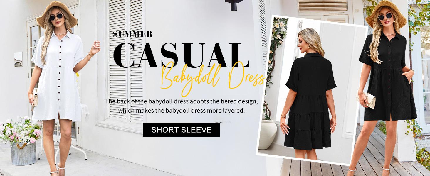AUSELILY Babydoll Dress for Women Short Sleeve Button Down Textured Non-clingy Loose Fit Flowy Mini Dress with Pockets 2026 New Summer Dress SpringStatements