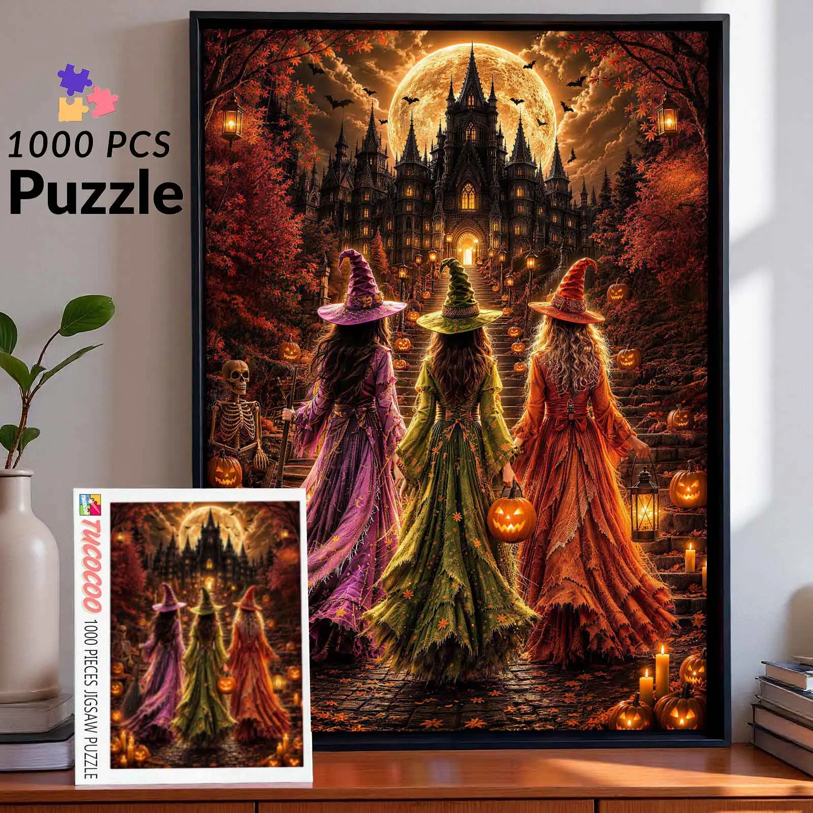 1000-Piece Halloween Witch Castle Jigsaw Puzzle - Moonlit Haunted Castle with 3 Witches, Pumpkins, Candles, Gothic Fantasy Artwork - Adult Brain Game, Stress Relief Gift, Wall Decor (27.5x20in/70x50cm)