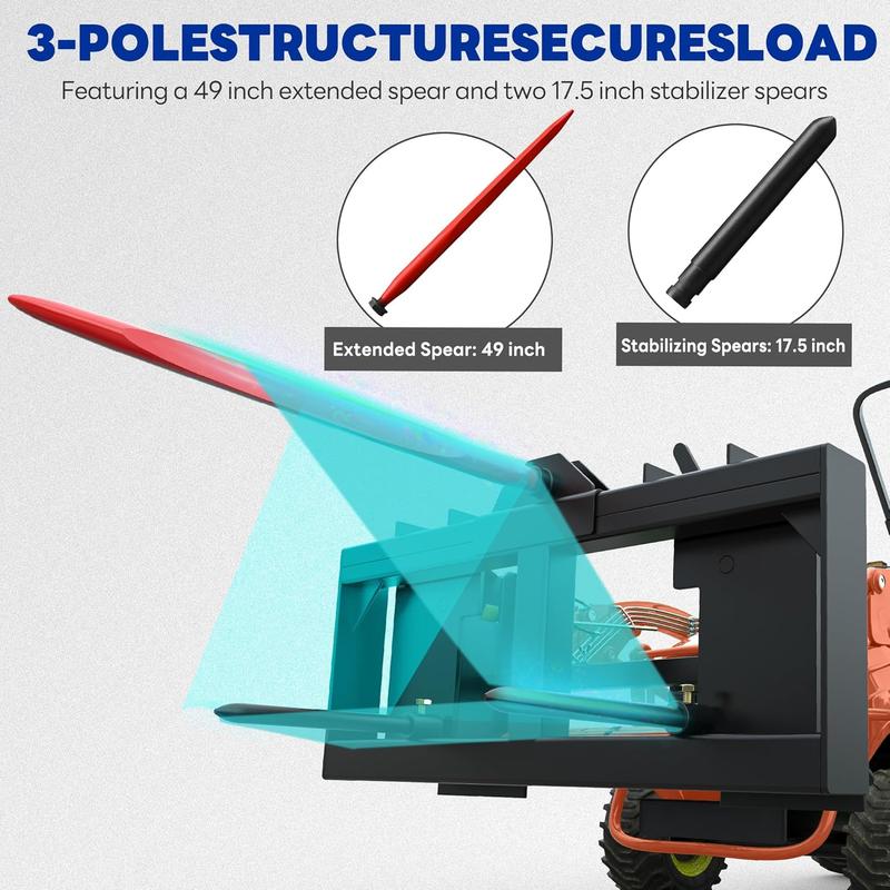 YITAMOTOR 49" Hay Spear Attachment, 3000lbs Capacity Quick Attach for Bobcat Tractors & Skid Steer Loader with 1pc 49" Red Hay Spear & 2pcs 17" Black Stabilizer Spears Spike Fork Tine