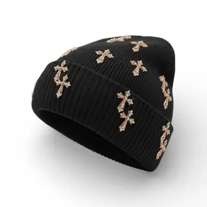 Rose Gold Rhinestone Cross Beanie - Black Knit Hat with Sparkling Rhinestone Accents for Stylish Winter Wear