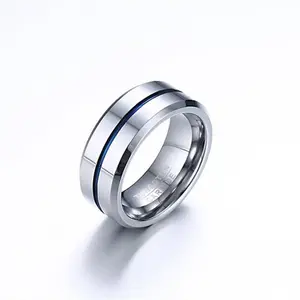 Silver + Blue Classic Minimalist 8mm Stacking Band Ring in Tungsten Steel