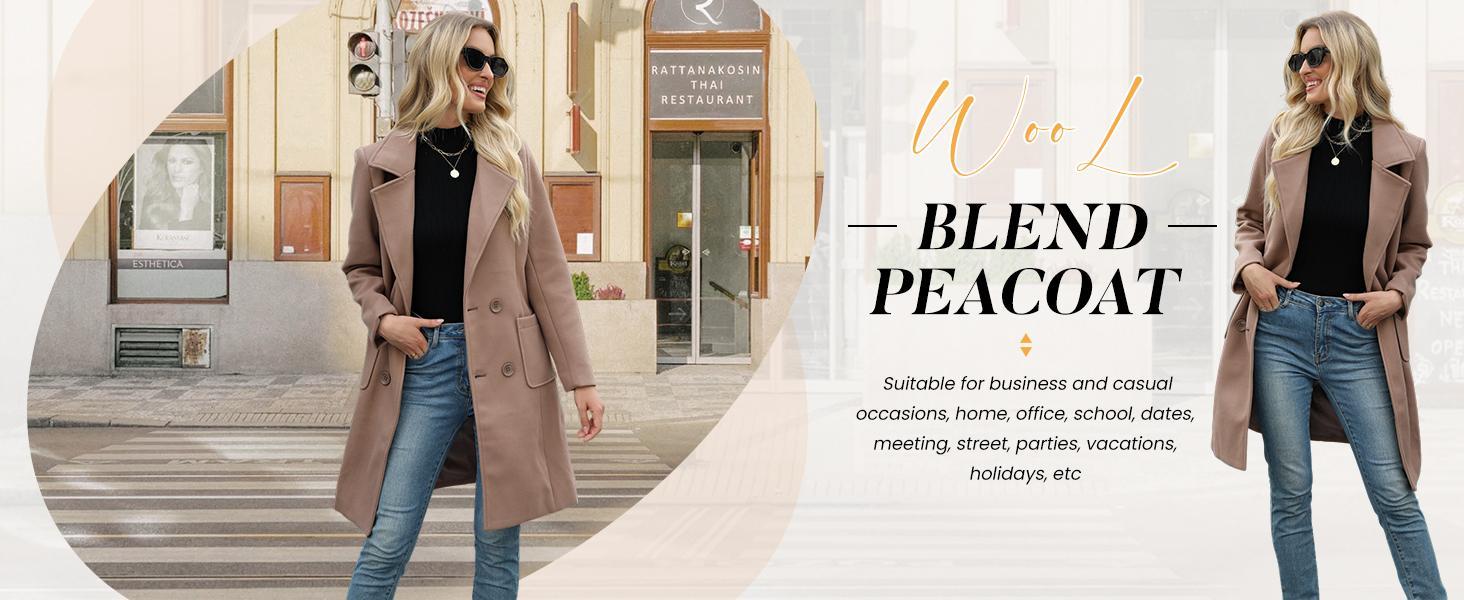 Ommig Women Winter Wool Blend Camel Mid-Long Coat Notch Double-Breasted Lapel Jacket Outwear