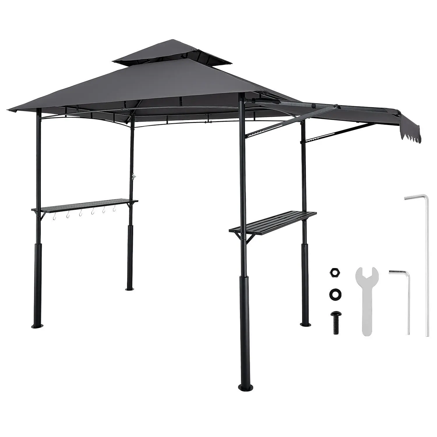 【summerfinds】VEVOR Grill Gazebo, 8 x 5 ft Double-Tiered Top, BBQ Gazebo with Extra Awning, Powder-Coated Steel Patio Grill Shelter with 2 Side Shelves, Bottle Opener & Hooks, Outdoor Grilling Canopy for Garden, Canopy Shade, Heavy Duty Canopy