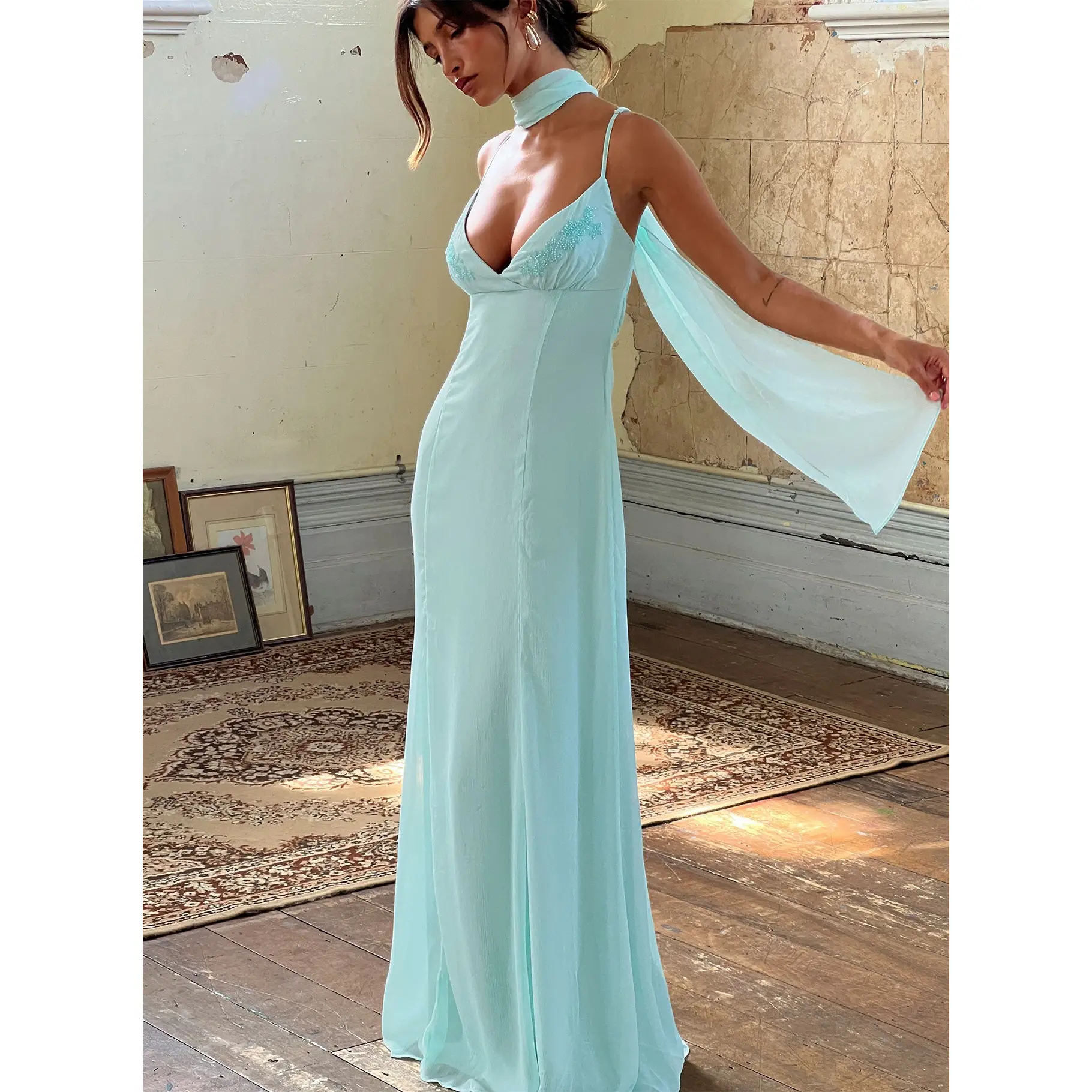 light blue maxi dress near me Nellie Drop Waist Maxi Dress in Blue