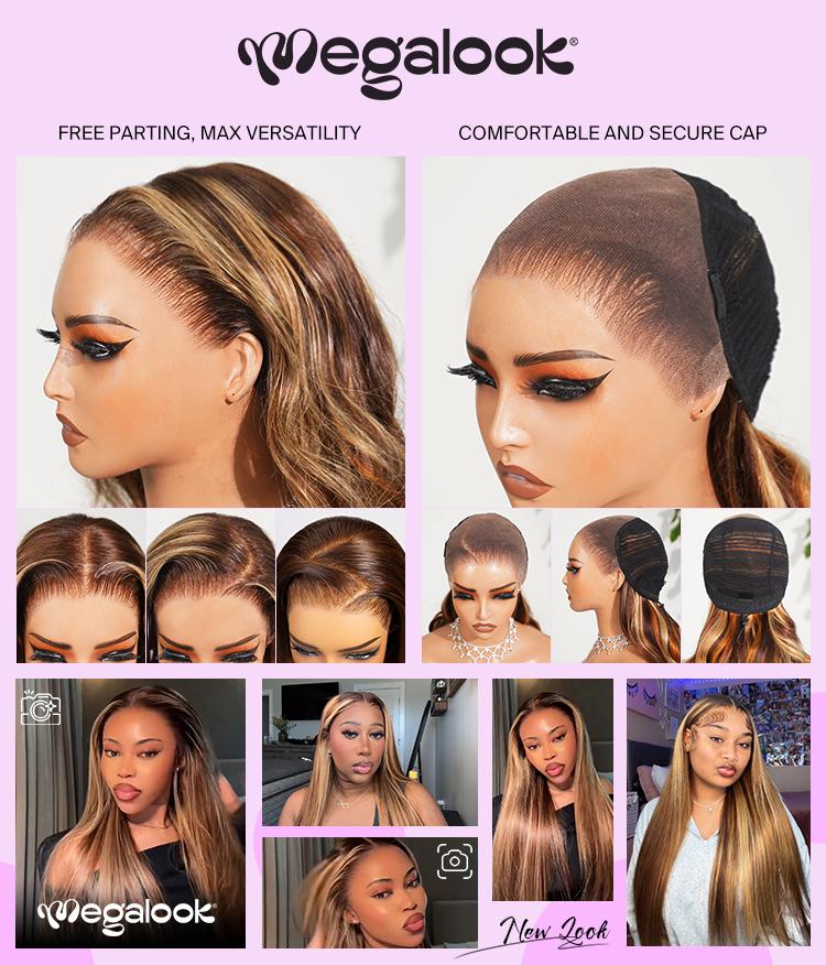 [Hot]Megalook 13x6 Glueless Highlight 4/27 Honey Blonde Wigs #2 Roots Straight With Drawstring 100% Human Hair Easy Put On Go Binner Friendly