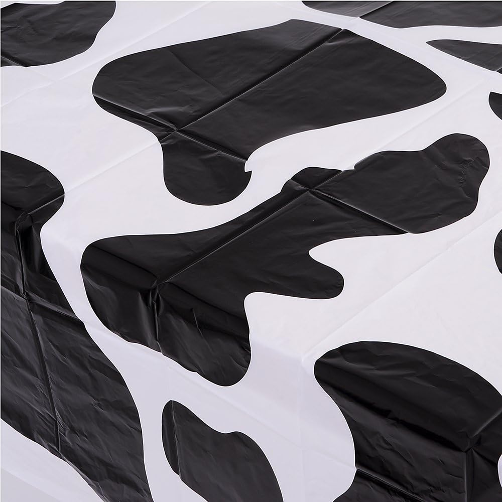 Cow print tablecloth (pack of 6 pieces) 54 x 72 inch farm animal themed party tablecloth, birthday party supplies, and picnic table cover (black and white)