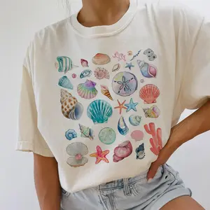 Women's Soft, Breathable Fabric Short-Sleeve T-Shirt - Vintage Seashell Ocean Graphic Top, Mermaid Gift for Her
