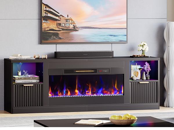 Bestier 70" Fireplace TV Stand for TVs up to 80", Fluted Entertainment Center with 36" Fireplace, 0.5-9 Hours Timer, LED Lights Media Console for Living Room