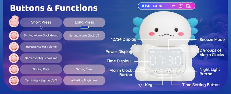 Axolotl Silicone Night Light Alarm Clock for Kids - 7 Color Dimmable Touch Lamp with 2 Alarms, 5 Ringtones & Snooze, Rechargeable Bedside Clock for Toddler Bedroom, Perfect Gift for Boys Girls Axolotl Silicone Night Light Alarm Clock for Kids - 7 Color Dimmable Touch Lamp with 2 Alarms, 5 Ringtones & Snooze, Rechargeable Bedside Clock for Toddler Bedroom, Perfect Gift for Boys Girls