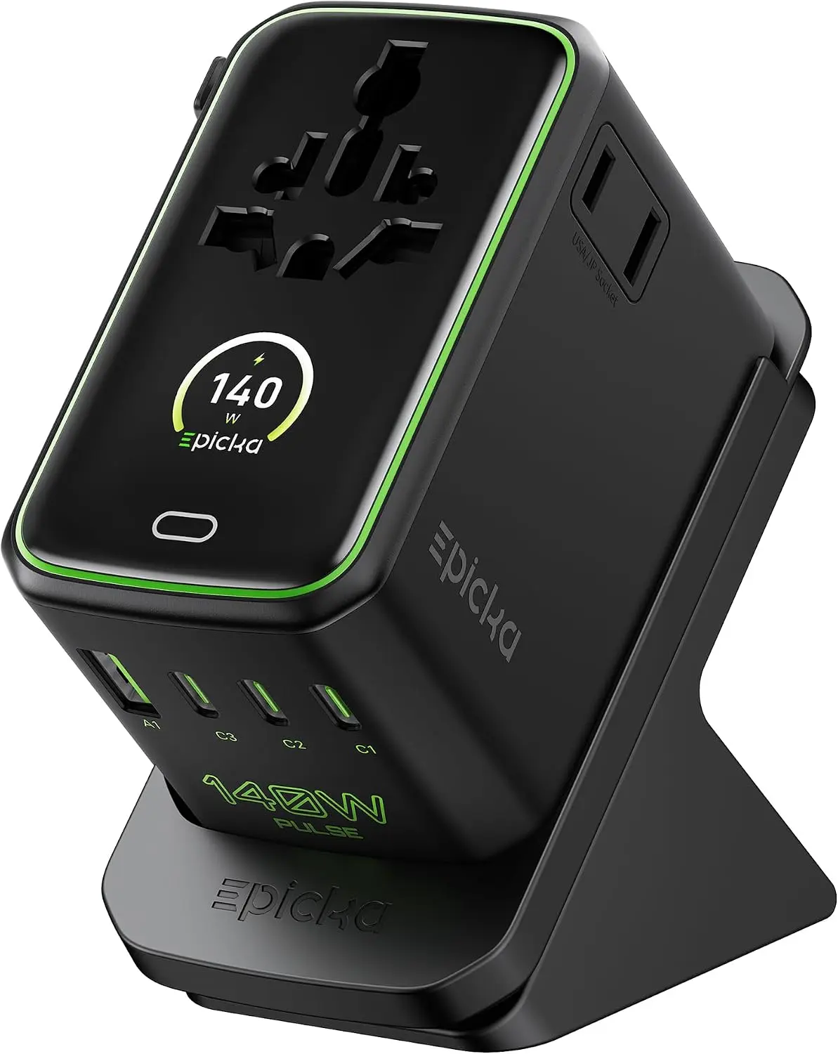 Epicka Pulse Duo 140W GoStand Universal Travel Adapter - Desktop Stand, Smart Display, 3.28ft Cable, 2 AC Outlets, PD 3.1 PPS Plug for Mobile Charging, Port Compatibility with MacBook, iPhone & Devices