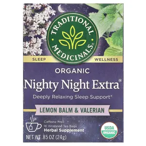 Traditional Medicinals Organic Nighty Night Extra®, Lemon Balm & Valerian, Caffeine Free, 16 Wrapped Tea Bags, 0.85 oz (24 g)