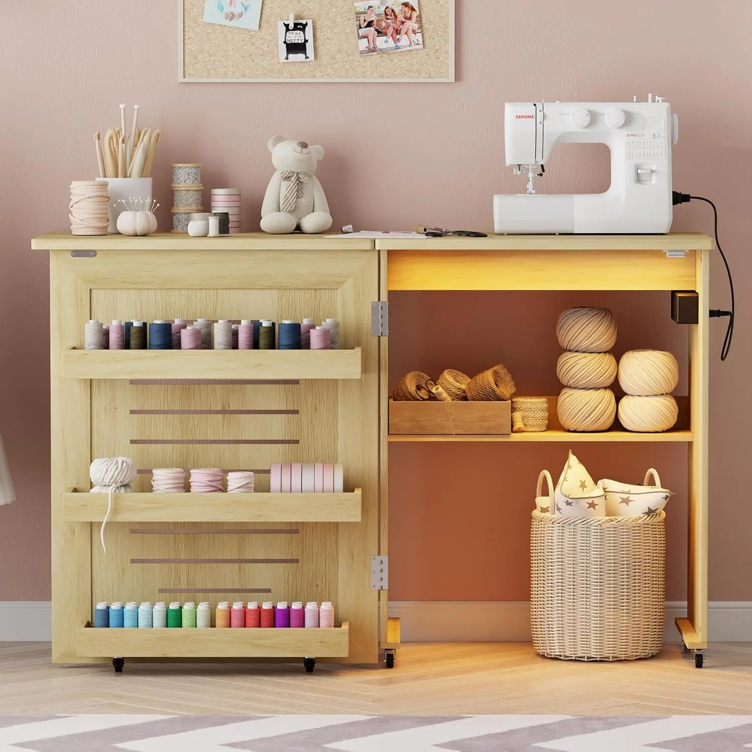 Lvifur Folding Sewing Table, Multipurpose Sewing Machine Table with Compact Design, Wheels, Shelves, Storage Trays, Wooden Pegs, and Magnetic Doors, Sewing Desk Cabinet for Sewing Machine