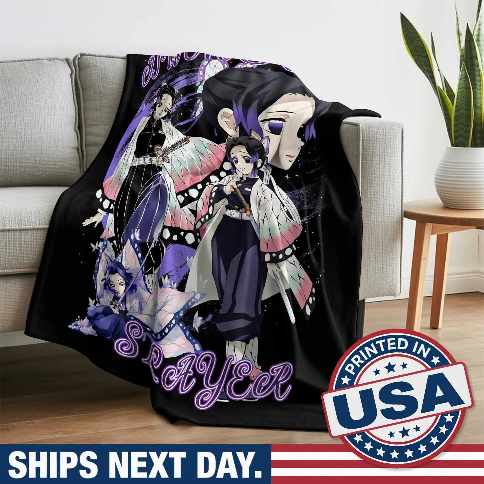 Demon Slayer Kimetsu No Yaiba Shinobu Kochō Luxurious Fluffy Throw Blanket for Couch Super Soft Cozy Flannel Fleece Decorative Portable Cute Blanket for Sofa, Bed, Home Officefor Adult, Gift, Pet & Travel Gift Father's Day Gift