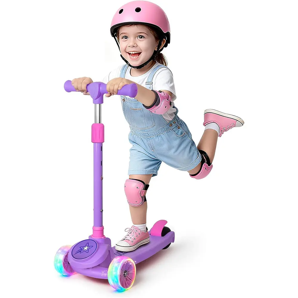 3 Wheel Kids Scooter for Boys Girls Ages 3-8, Scooter with Light Up Wheels, 3 Adjustable Height Handlebars, Lean-to-Steer & Wide Anti-Slip Deck, Holds Max 110 LBS for Outdoor Play