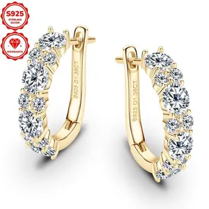 1 Pair Elegant 925 Sterling Silver Hoop Earrings with 4mm*8pcs & 2mm*12pcs Synthetic Moissanite Stones, 1.38 Carat Total, 14K Golden Plated, April Birthstone, Luxury Style for Women, Wedding & Holiday Jewelry, Christmas Gift