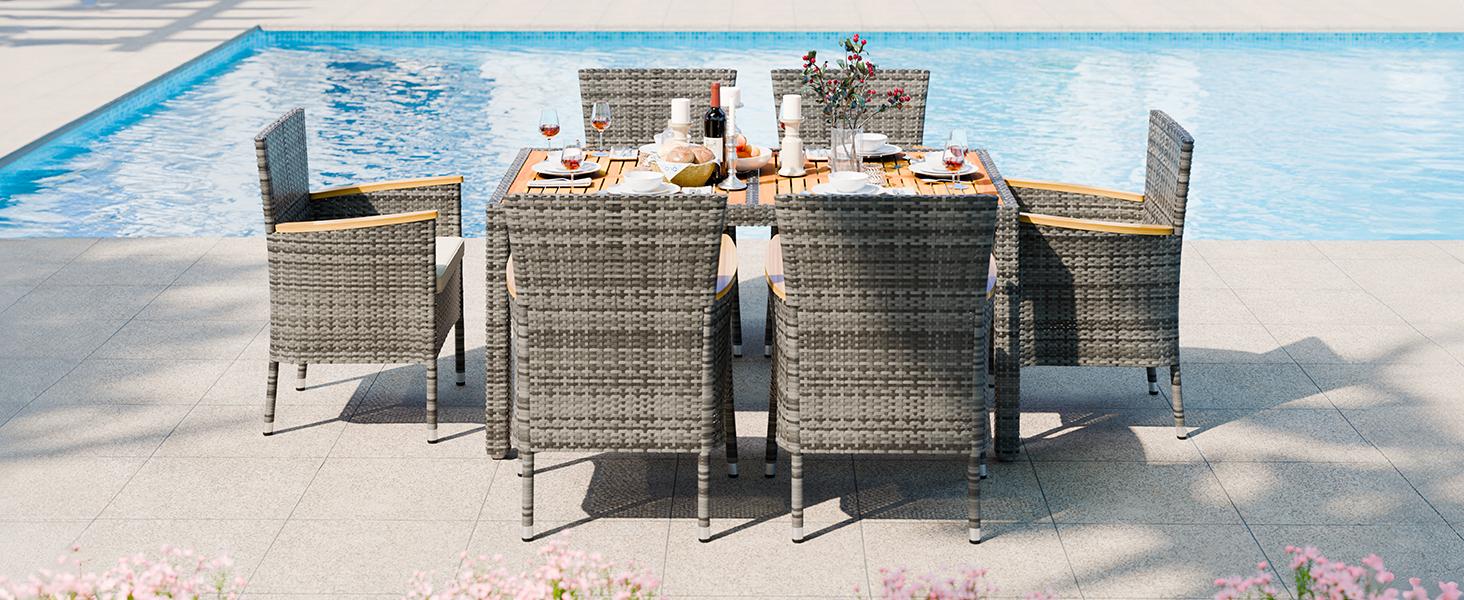 【NEW】Walsunny 7 Pieces Outdoor Patio Dining Set, Wicker Patio Furniture Set with Wood Table and 6 Chairs with Soft Cushions Grey Outdoorfun 【NEW】Walsunny 7 Pieces Outdoor Patio Dining Set, Wicker Patio Furniture Set with Wood Table and 6 Chairs with Soft Cushions Grey Outdoorfun