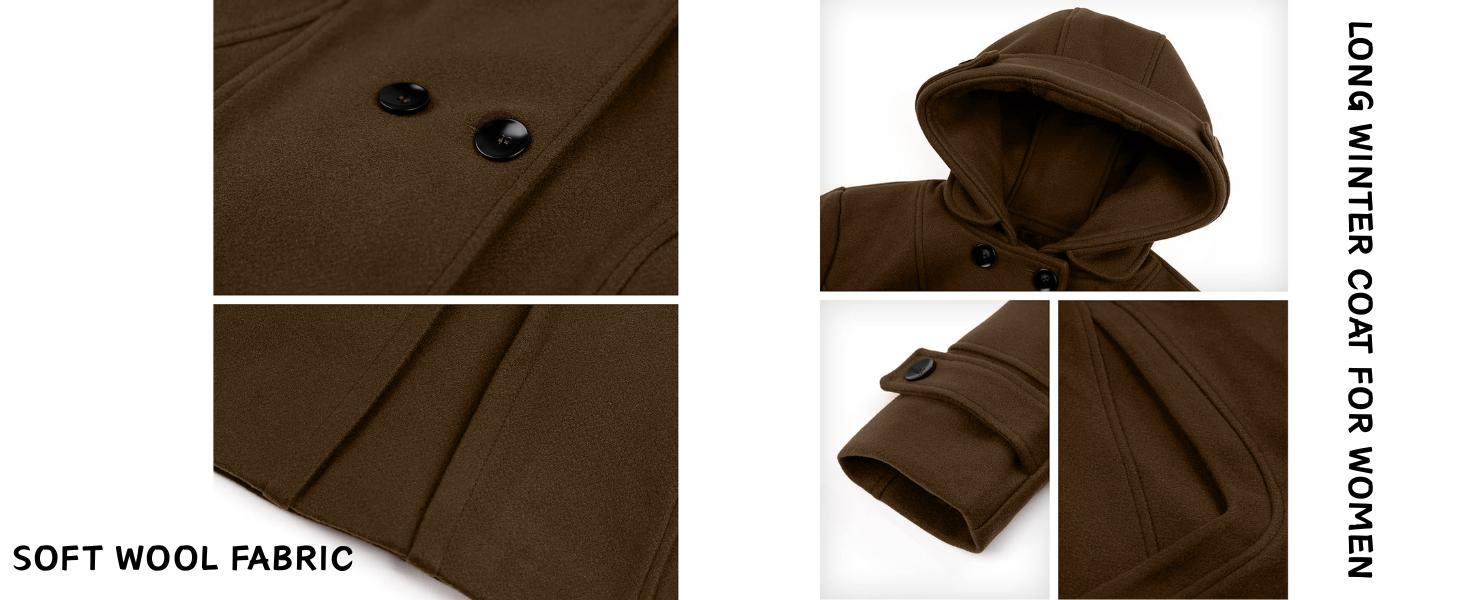 Ommig Women's Warm Double Breasted Wool Pea Coat Trench Coat Jacket with Hood for Winter and Autumn