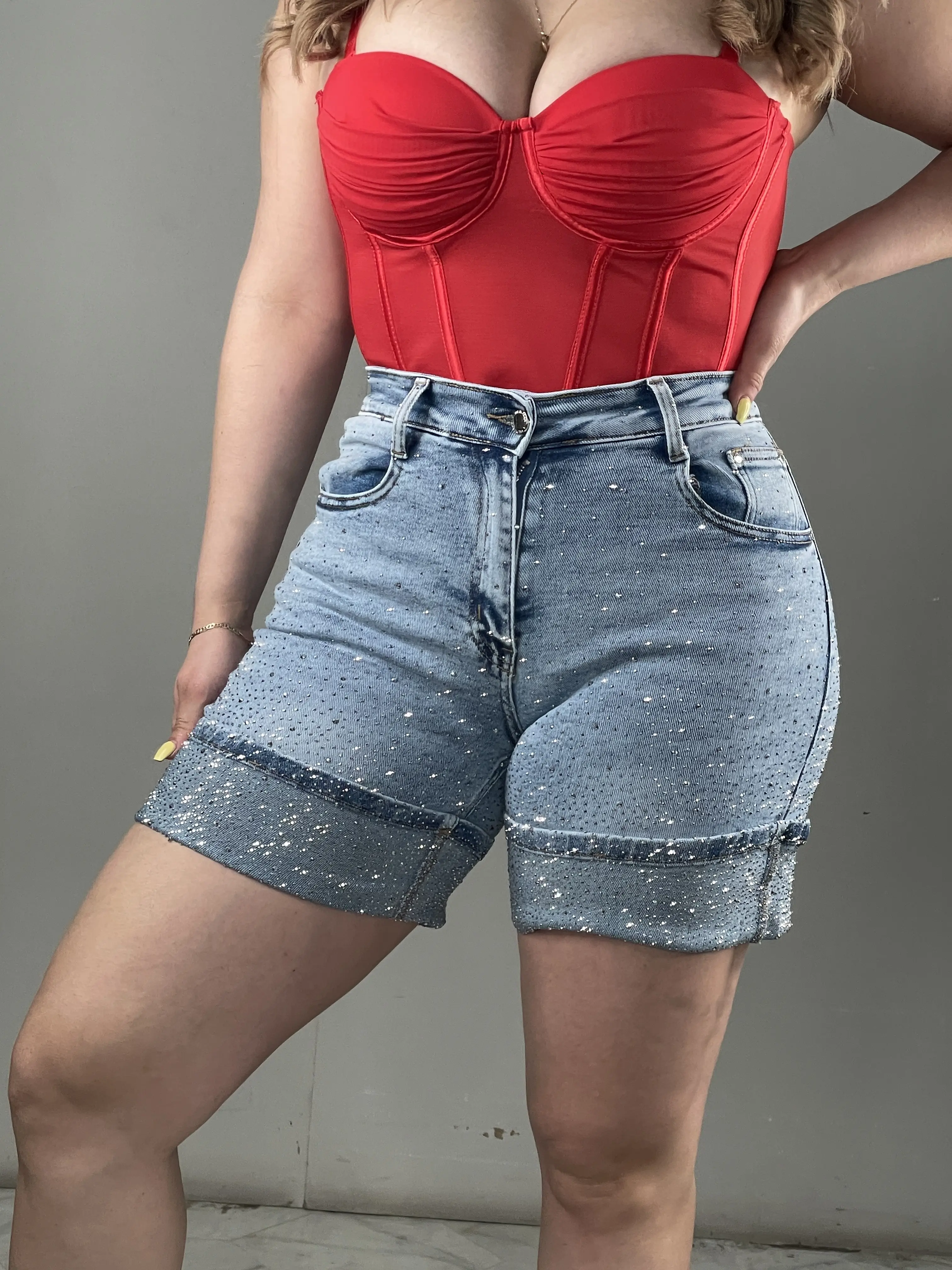 Katie's Denim Rhinestone Shorts - Folded Scuff