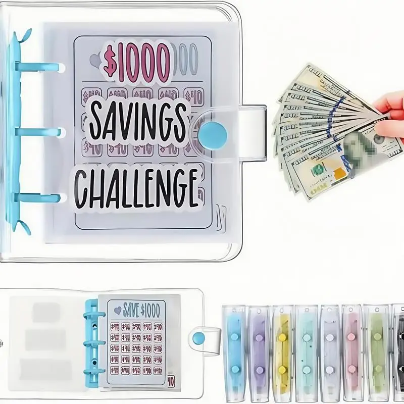 Blue Plastic Reusable $1000 Savings Challenge Planner Notebook - Tear-resist PVC Waterproof Portable Binder with Cash Envelopes, Budgeting Finance Checklist Organizer, 4.13" Bagready Office Stationery for Families