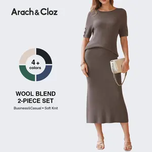 Arach&Cloz Women's Wool Blend Sweater 2 Piece SetsBusiness Casual Short Sleeve Top Midi Dress Outfits