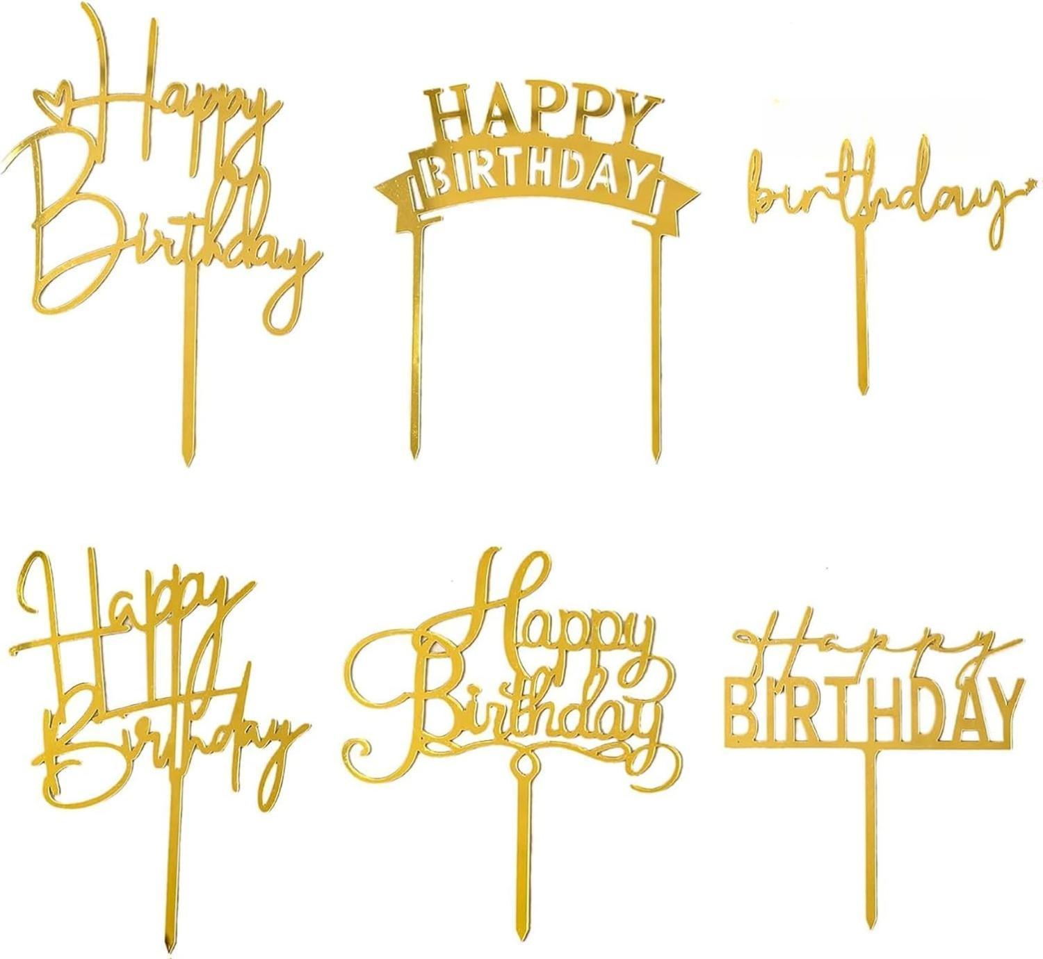 Gold Birthday Cake Topper, 6pcs Acrylic Birthday Cake Toppers Happy Birth Cake Toppers for Decorations Gold Topper for Girls Women's Party Decorations