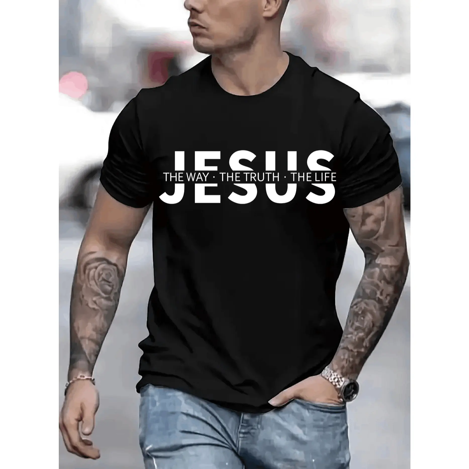 Jesus The way the truth the life Graphic Print T-Shirt For Men Casual Short Sleeve Tee 1 Pcs  Heavy Cotton - Comfortable Crew Neck, Soft Adorable Tees Tops