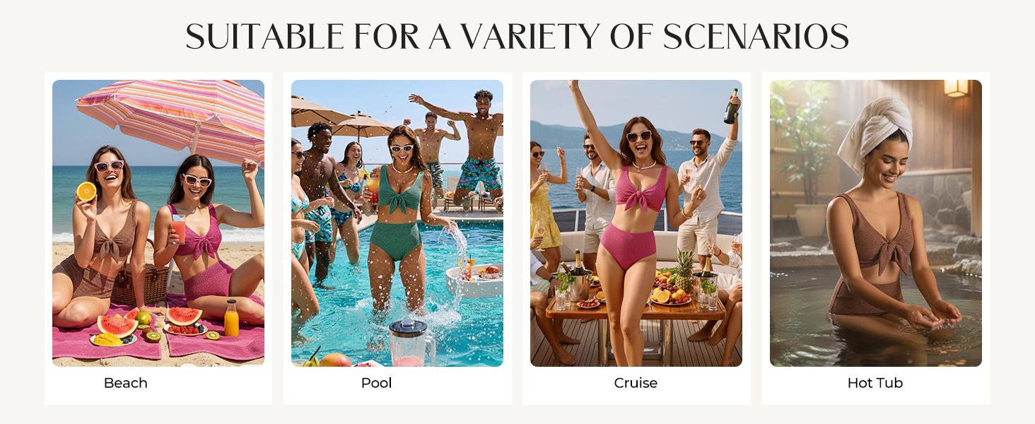 【S-2XL】Hanna Nikole Women's High Waisted Bikini Sets Two Piece Swimsuit with Tummy Control Textured Bathing Suits Tie Knot Swimwear for Beach Vacation SpringStatements