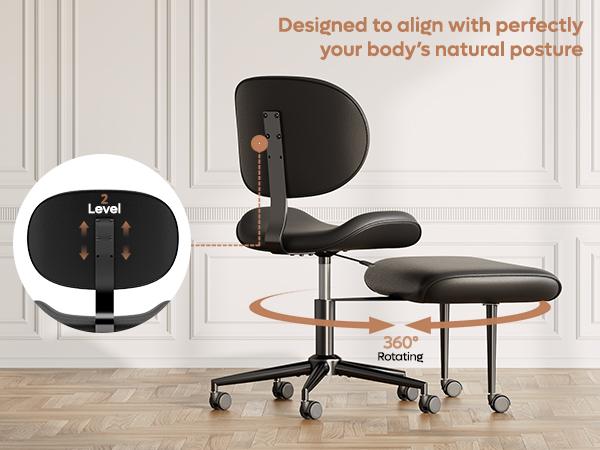 Pinmoco Curved-Shape Ergonomic Cross Legged Swivel Chair, Adjustable Height and PU Leather, Meditation Chair with Back Support, Home and Office