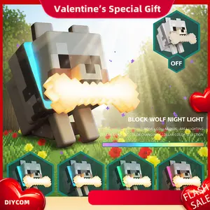 DIYCOM 3D Printing Handmade Pixel Wolf LED Night Light with Glowing Bone and RGB Collar Stylish Room Decor New Year And Valentine's Day Gift