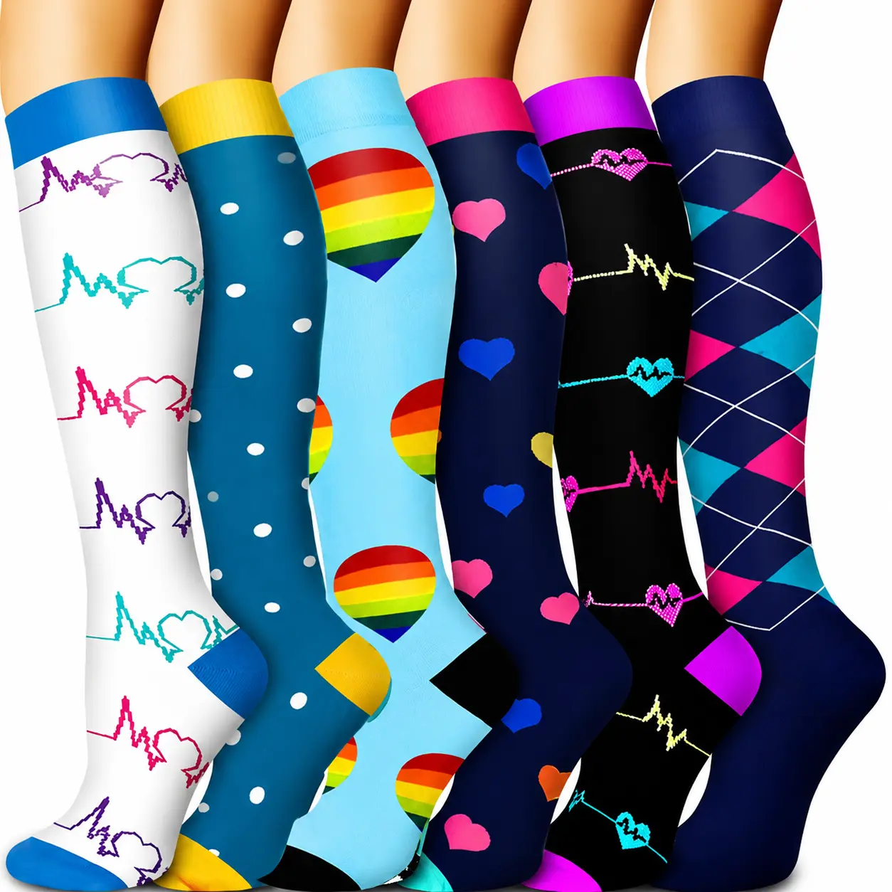MhzyCaus  6 Pairs Women's Calf Socks Colorful Pattern Athletic Socks, Fun Heart Wave Dot Rainbow Design Crew Socks, Soft Stretch Breathable Long Socks for Running Gym Yoga Travel Workout and Everyday Wear