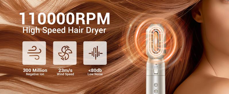 8-in-1 Dual Voltage Hot Air Styler & Hair Dryer Brush with Straightener & Curler Attachments, 110,000 RPM Ionic Fast Drying for Frizz-Free Styling, Includes Travel Bag