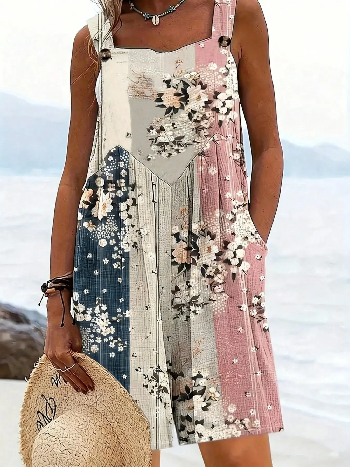 Plus Size Women's Lightweight Breathable Patchwork Floral Sleeveless Loose Fit Casual Boho Bohemian Romper Overalls, Y2K Summer Beach Daily Wear