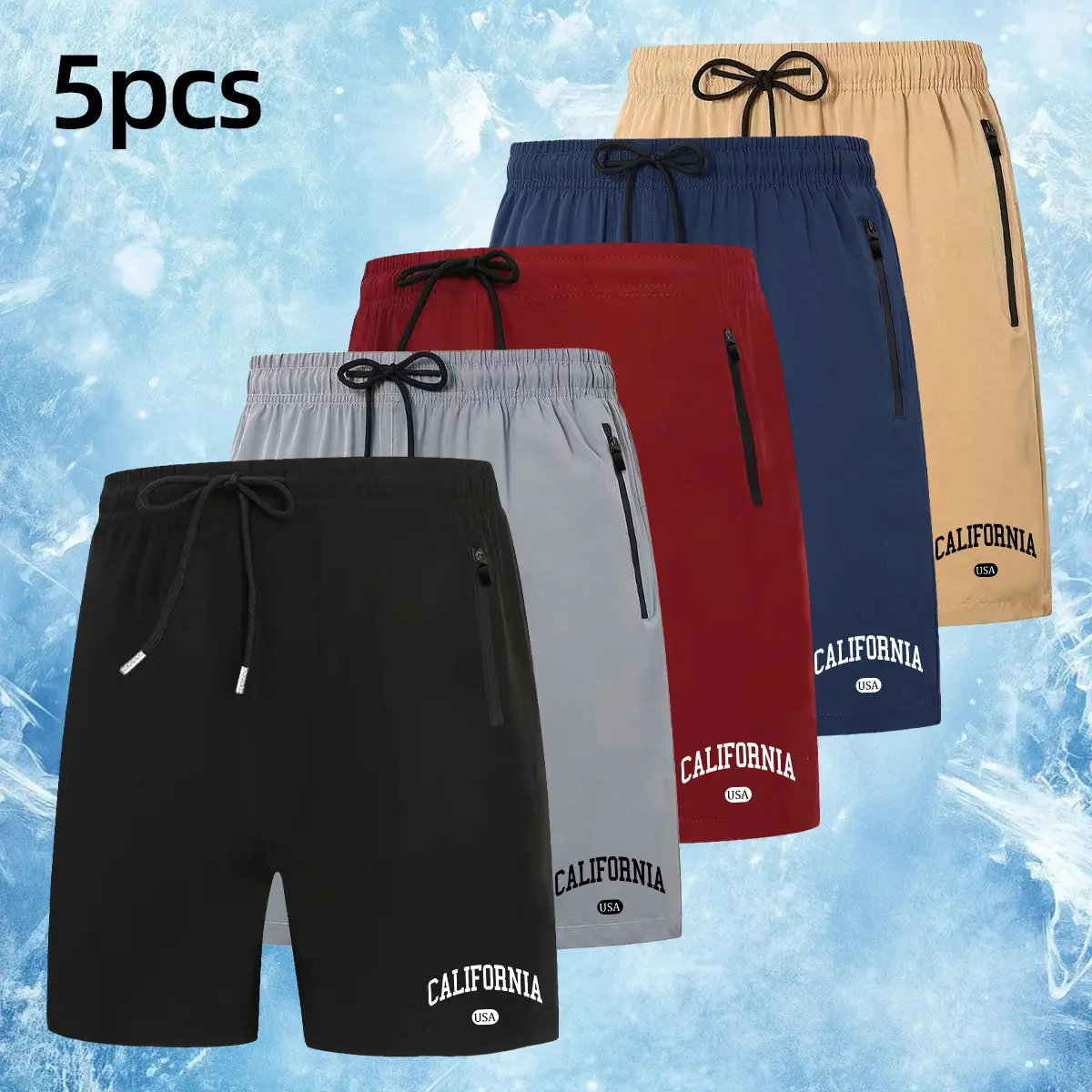 Men's Polyester Blend 5-Piece Solid Color Fitted Cut Sports Shorts Set - Contrast Binding, Eye-Catching Contrasting White "CALIFORNIA USA" Graphic Side Logo Print, Zippered Pockets, Adjustable Drawstring for Street Sports Style, Elastane, Sporty Street St