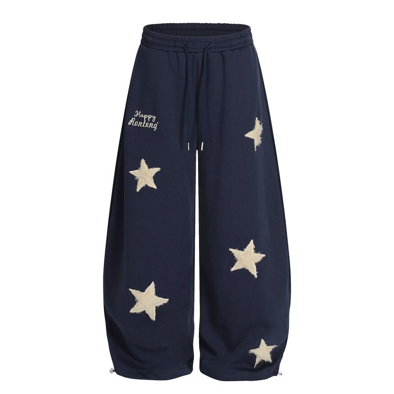 TELLFUN 2026 Men‘s Star Embroidered Jogger Pants Loose Fit Barrel Leg Sweatpants with Stretch Fabric and Drawstring Waist Y2K Streetwear Style；Unisex