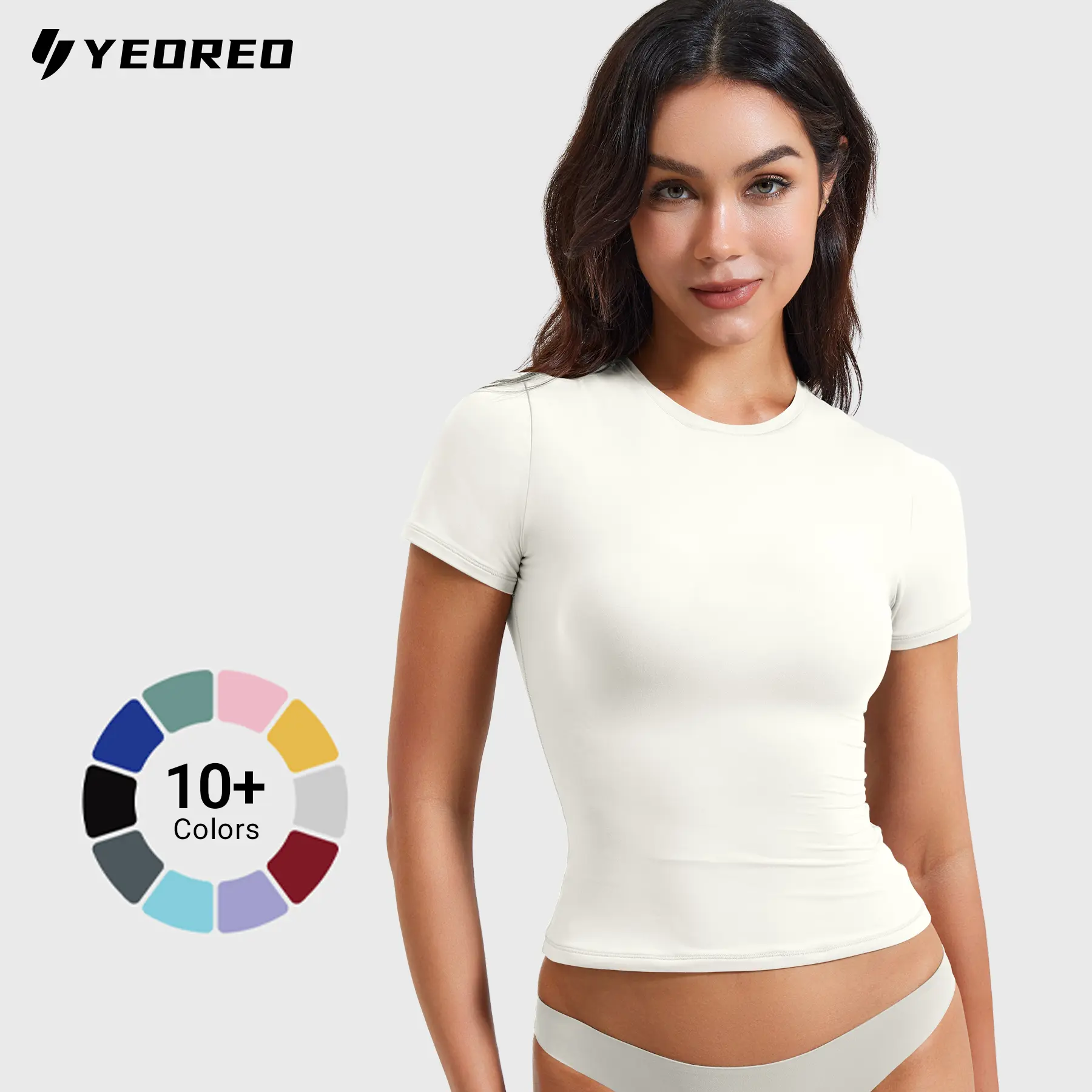 YEOREO Women Fitted Workout Tops Short Sleeve Double Lined Basic Y2K Going Out Crew Neck Compression Crop Top SpringStatements Style sohochic