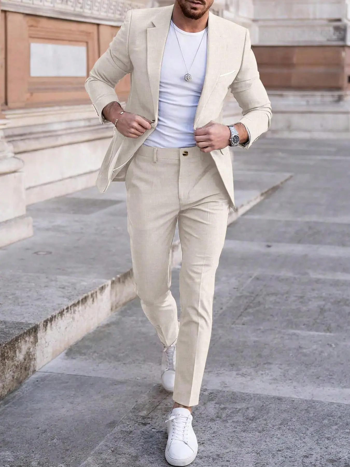 Men's Solid Color Suit Set, Slim Fit Formal Casual Comfy Breathable Business Workwear Blazer & Pants for Work Office, Men's Clothing for All Seasons, Business Suits Set, Menswear