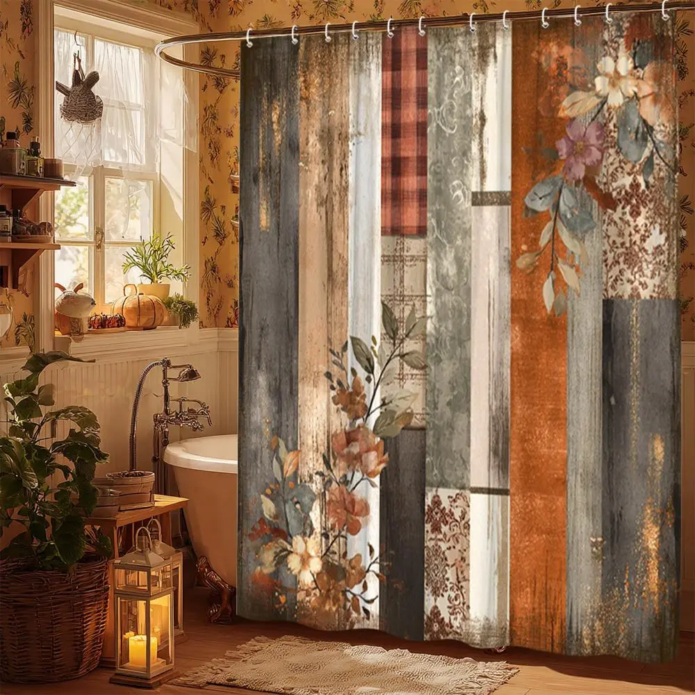 1pc Heavy-Duty Farmhouse Flower Shower Curtain, Rustic Patchwork Plaid Mosaic & Floral Design Bathroom Decor with Hooks, Country Style for Cottage | Shower Curtains, Farmhouse Shower Curtains