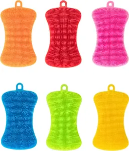 6-Pack Silicone Dish Scrubber Sponge – Reusable Double-Sided Kitchen Cleaning Sponges for Dishes, Fruits & Vegetables (Multicolor)