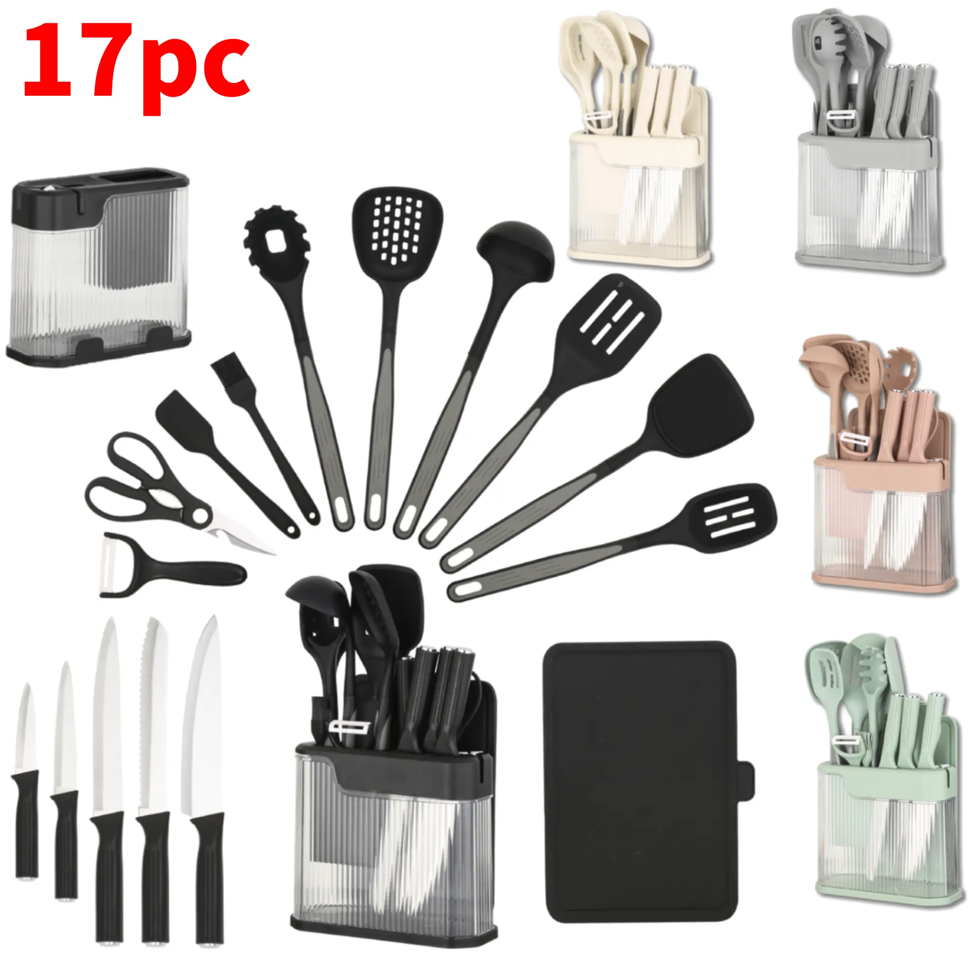 19-Piece Kitchen Knife and Utensil Tool Set with Holder - 5 Stainless Steel Knives, Silicone Cooking Utensils, Heat-Resistant Nonstick-Safe Tools, Cutting Board, Scissors, Peeler - Compact All-in-1 Countertop Set for Home Use Cooking