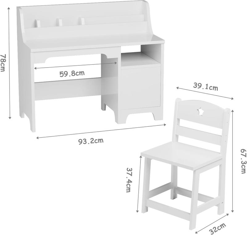 【GARVEE】Study Desk and Chair Set with Hutch and Storage Cabinet, Wooden Table for Students Aged 3-12, Ideal for Bedroom and Study Room, Functional Writing Desk and Computer Workstation
