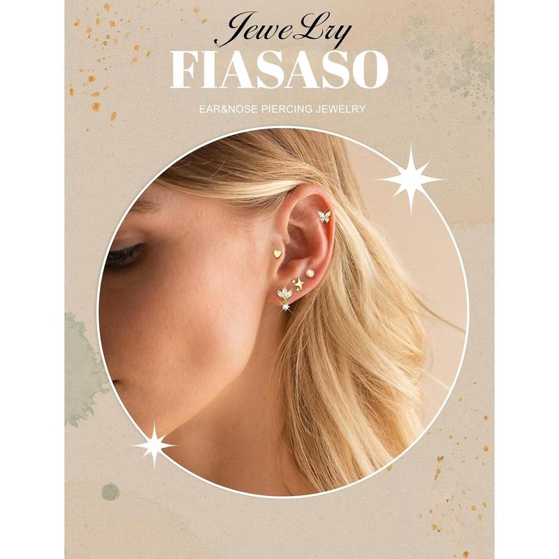 FIASASO Hypoallergenic Flat Back Stud Earrings Surgical Steel Cartilage Earrings for Women Flatback Threadless Push in Nose Studs Lip Labret Medusa Conch Helix Tragus Piercing Jewelry 16G/18G/20G