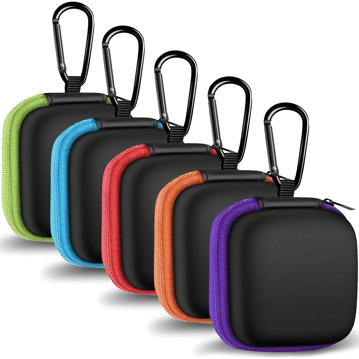 Z-PHP1 5-Pack Leather Zippered Velvet Square Earbud Cases with 5 Pieces Metal Carabiner, Portable EVA Protection Bags for In Ear Headphones, Memory Cards, Cell Phone Accessories, Sd Cards