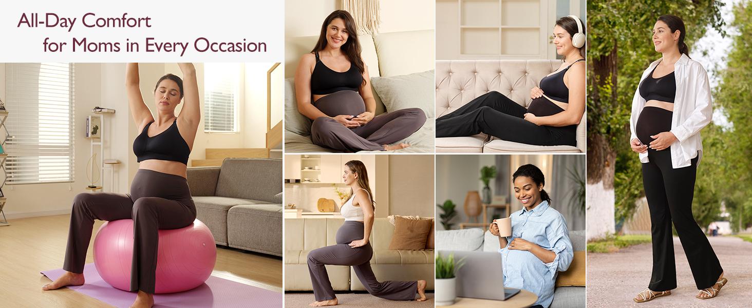 Momcozy Maternity Yoga Pants,MA003 Maternity Flare Leggings Over The Belly, Pregnancy Leggings Buttery Soft Triple Wrap Force