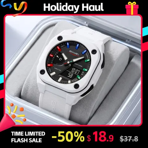 SKMEI Men's Casual Quartz Analog Watch - Lightweight Resin Square Dial, 50M Water Resistant (30M - 50M Range), Analog-Digital, Chronograph, Multiple Time Zones, Alarm, Countdown Timer, LED Luminous Backlight, Calendar, TPU Strap