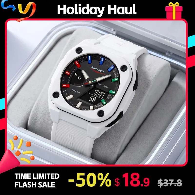 SKMEI Men's Sports Analog-Digital Watch - Square, Waterproof Chronograph, Luminous Light, Multiple Time Zones, TPU Strap, Casual Trendy Wristwatch, Men's Stylish Accessories